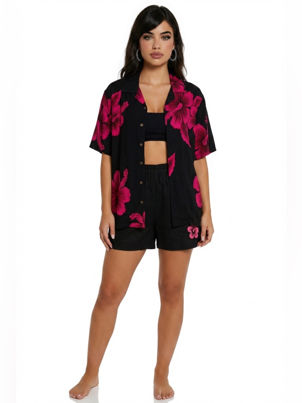 FAVANT Black & Pink Hibiscus Floral Hawaiian Aloha Shirt Women's L